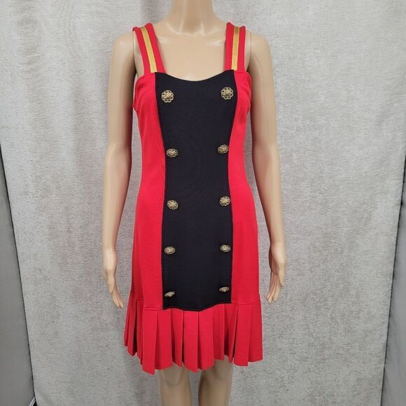 J Harris Vintage Red Black Drop Waist Dress Metal Lion Gold Buttons Pleated - Picture 2 of 13